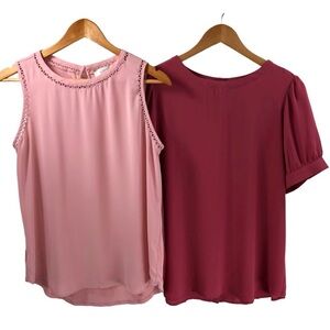 Loft Bundle 2 Tops SZ M Burgundy Pink Career Casual Contemporary Shell Blouse